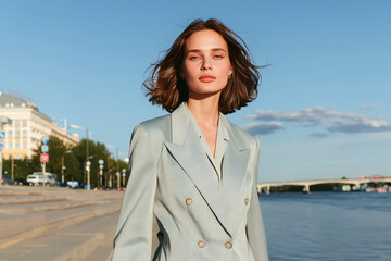 old money caucasian chic female fashion model wearing light blue double-breasted blazer in european location, professional high-fashion photography