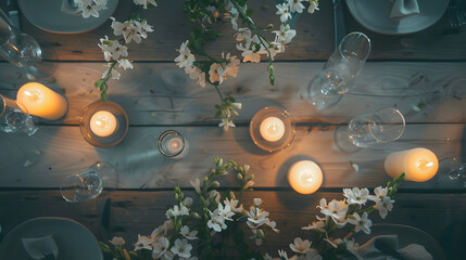 Poster - Table setting with white flowers candles and glasses on old vintage rustic wooden table Vintage summer wedding table decoration top view : Generative AI