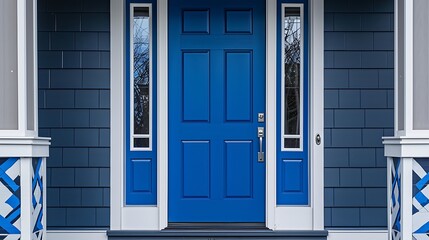 Wall Mural - door painted in a striking cobalt blue, framed by brushed nickel accents and a contemporary style porch with geometric patterns