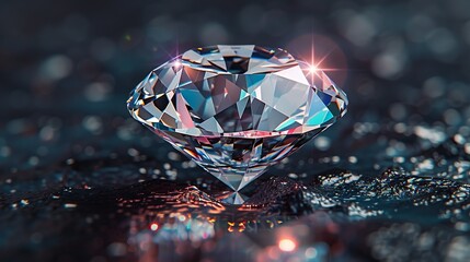 a shiny platinum gemstone with a brilliant cut, set against a dark background, capturing the essence