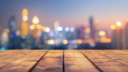 Polished wooden table with blurred rooftop party background