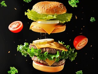 Juicy Burger with flying ingredients. Delicious hamburger with flying ingredients on black background. Falling Floating burger with ground beef patty, lettuce, bacon, onions, tomatoes and cucumbers.