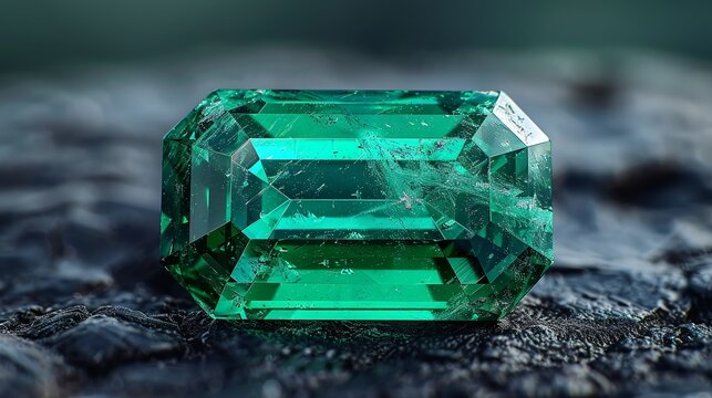 A polished emerald gemstone, with a rich green hue and excellent clarity, placed on a dark background, perfect for jewelry advertisements and luxury brand marketing. Illustration, Minimalism,