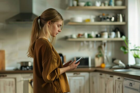 Woman Holding Smartphone in Kitchen - Modern Home Life - Concept of Connected Living