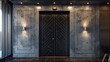 © Abdul - matte black door with geometric patterns, framed by polished concrete walls and subtle recessed lighting