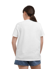 Poster - Woman in stylish t-shirt on white background, back view