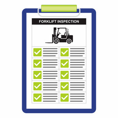 Vector illustration of forklift safety inspection checklist document. Paper board holder with green checkmark point of checking.	