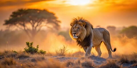 Majestic lion stalking in savanna under warm sunset lighting with dusty piles , lion, savanna, sunset, majestic, stalking, wildlife