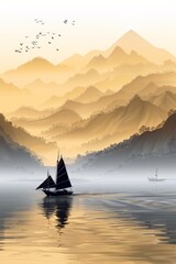 Wall Mural - A boat sailing on a lake with mountains in the background, AI