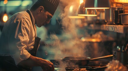 Wall Mural - A chef in a restaurant preparing food on the stove, AI