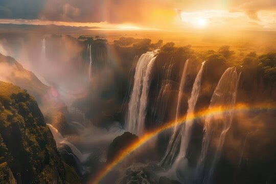 aerial view of a breathtaking waterfall cascading into a misty canyon vibrant rainbows dance in the spray as golden sunset light bathes the scene in warm ethereal hues