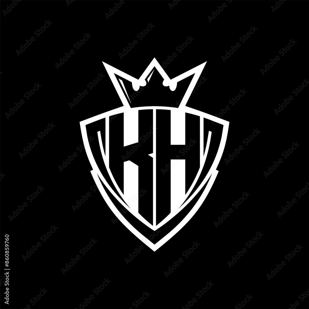 KH Letter logo with sharp triangle shield shape with crown inside white ...