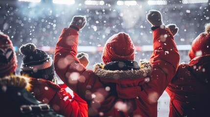 A group of people are standing in the snow, all wearing red jackets and hats. Generate AI image