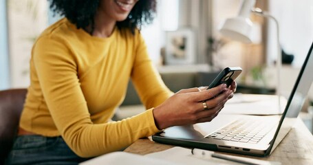 Aufkleber - Woman, smartphone and laptop or typing in home, remote work and relax for break on social media app. Communication, online networking and browse for internet shopping post, reading blog and apartment