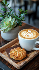 Wall Mural - A white coffee cup with a heart shaped design sits on a wooden tray with a pastr