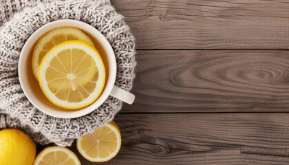 Wall Mural - A white mug with a lemon slice in it sits on a wooden table
