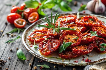 Wall Mural - Sun-dried tomatoes with spices and herbs in a plate