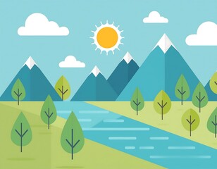 Wall Mural - Minimalist mountain scene with trees, flat design.