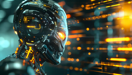 A futuristic android with glowing eyes and intricate circuitry, set against a background of digital code.