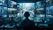 © sornram - A security guard monitors multiple screens displaying live footage of a busy city street.
