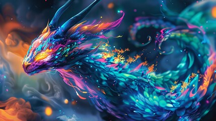 Wall Mural - Graffiti design of a mystical creature with vibrant, glowing markings in a fantasy world