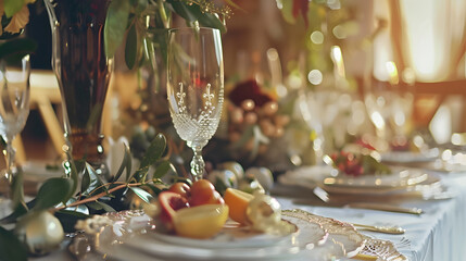 Leinwandbilder - Festive table setting for birthday or wedding in style of rustic boho Decor in natural colors Selective focus : Generative AI