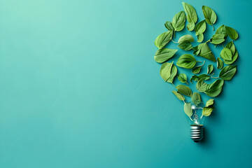 green leaves arranged in the shape of a light bulb against a blue background, representing green ene