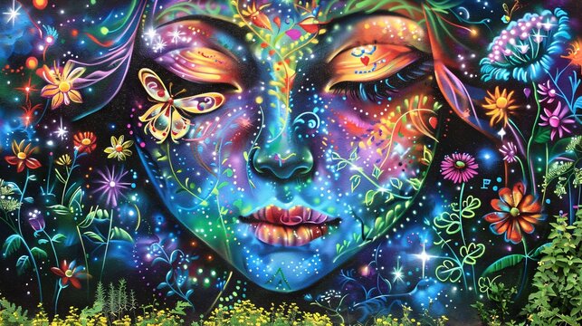 Graffiti artwork of a fairy queen in a vibrant garden