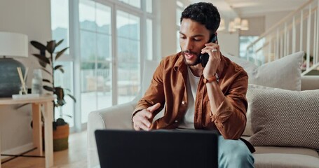 Aufkleber - Remote work, man and phone call with paperwork problem at home office with consulting issue. Mobile networking, laptop and working on living room couch with tech and frustrated with debt consultation