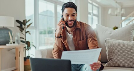 Aufkleber - Remote work, man and phone call with paperwork at home office with consulting document. Mobile networking, laptop and working on living room couch with tech and finance notes with online consultation