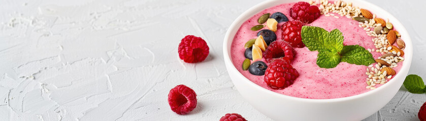 Wall Mural - A bowl of pink smoothie with raspberries and mint