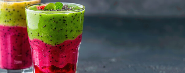 Wall Mural - Two glasses of green and red smoothies with pomegranate seeds on top