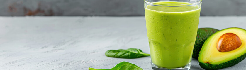 Wall Mural - A glass of green juice is on a table next to a green avocado