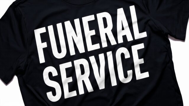 A black t-shirt with white lettering that says funeral service, AI