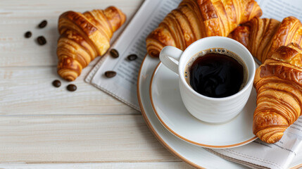 Wall Mural - A plate of croissants and a cup of coffee on a table