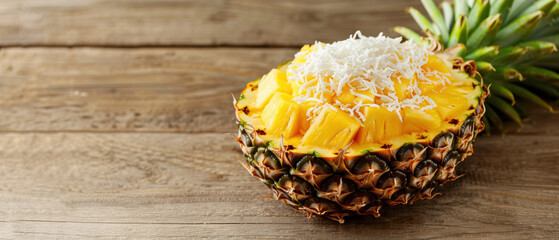 Wall Mural - A pineapple is cut in half and has a scoop of coconut on top