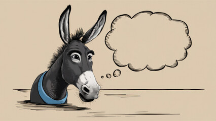 A donkey with a thought bubble above it's head, AI