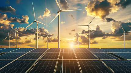 Solar energy panels and wind turbines at sunset, alternative electricity source.  Concept eco green renewable energy.