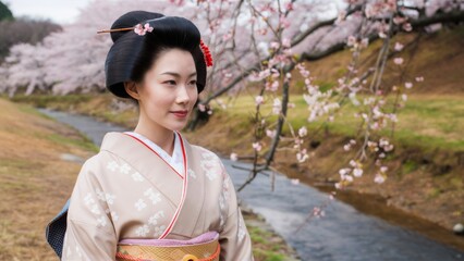 Wall Mural - A woman in traditional geisha outfit standing next to a river, AI