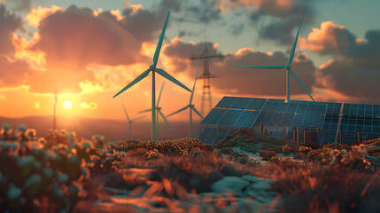 Wind turbines farm and solar power panel in the field green clean. Concept eco green renewable energy. 