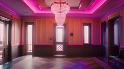 Poster - Pink And Brown Interior Foyer With Chandelier Generative AI