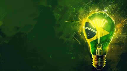 Wall Mural - Glowing light bulb with Brazilian flag on green background, symbolizing innovation, creativity, and energy.