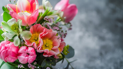Wall Mural - Spring bridal bouquet of mixed garden flowers on vintage gray wall background behind Closeup of pink tulip daffodils and green guelder rose branches Selective focus Wedding birthday Mo : Generative AI