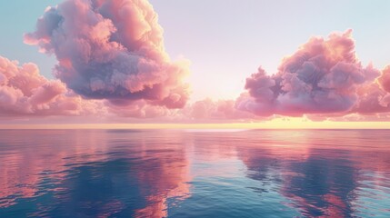 Wall Mural - A dawn scene with soft, pastel-colored clouds floating above a sea, the early morning light casting a gentle glow on the waters.