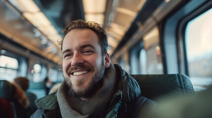 Poster - portrait of a smiling man sitting in a modern train