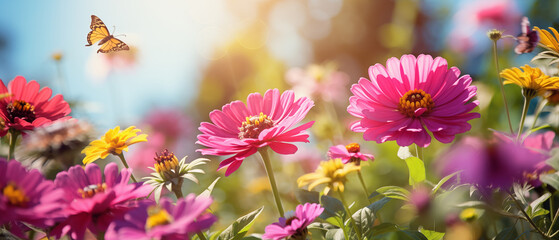 Sticker - Bright Pink and Yellow Zinnias with Monarch Butterfly