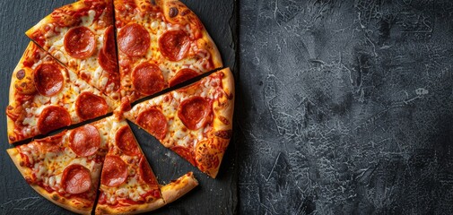 Sticker - A Freshly Baked Pepperoni Pizza Sliced On A Black Slate Board
