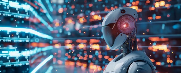 Poster - A futuristic scene featuring an advanced robotic entity with a bright, illuminated eye, standing in front of a digital interface with glowing, multicolored data streams.