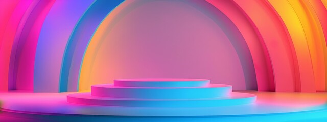 Aufkleber - this vibrant image showcases a modern, multi-tiered podium set against a colorful abstract backgroun