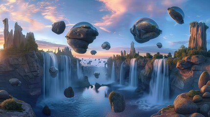 Wall Mural - A panoramic view of a fantasy landscape where rocks and boulders float in the air, surrounded by cascading waterfalls that defy gravity, set in a tranquil twilight.